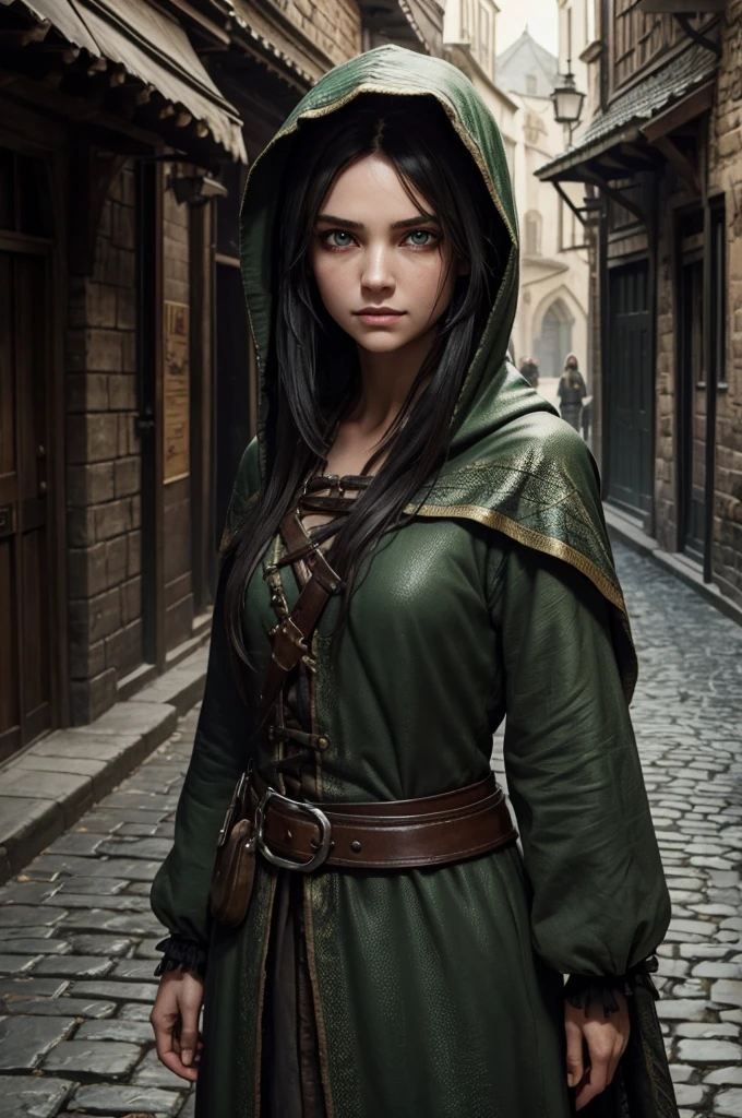 ((best quality)), ((masterpiece)), (detailed), ((normal anatomy)), beautiful eye detail, perfect face, high detail, charismatic, full body, realistic, cinematic lighting, defined body, super detail, high realism, medieval fantasy setting, a pretty young girl in street urchin clothes, dirty soot covered face, large green nictating eyes with vertical pupils, long black hair under a brown hood, standing outdoors in a medieval city, hint of green snake scales at her jawline, scared expression