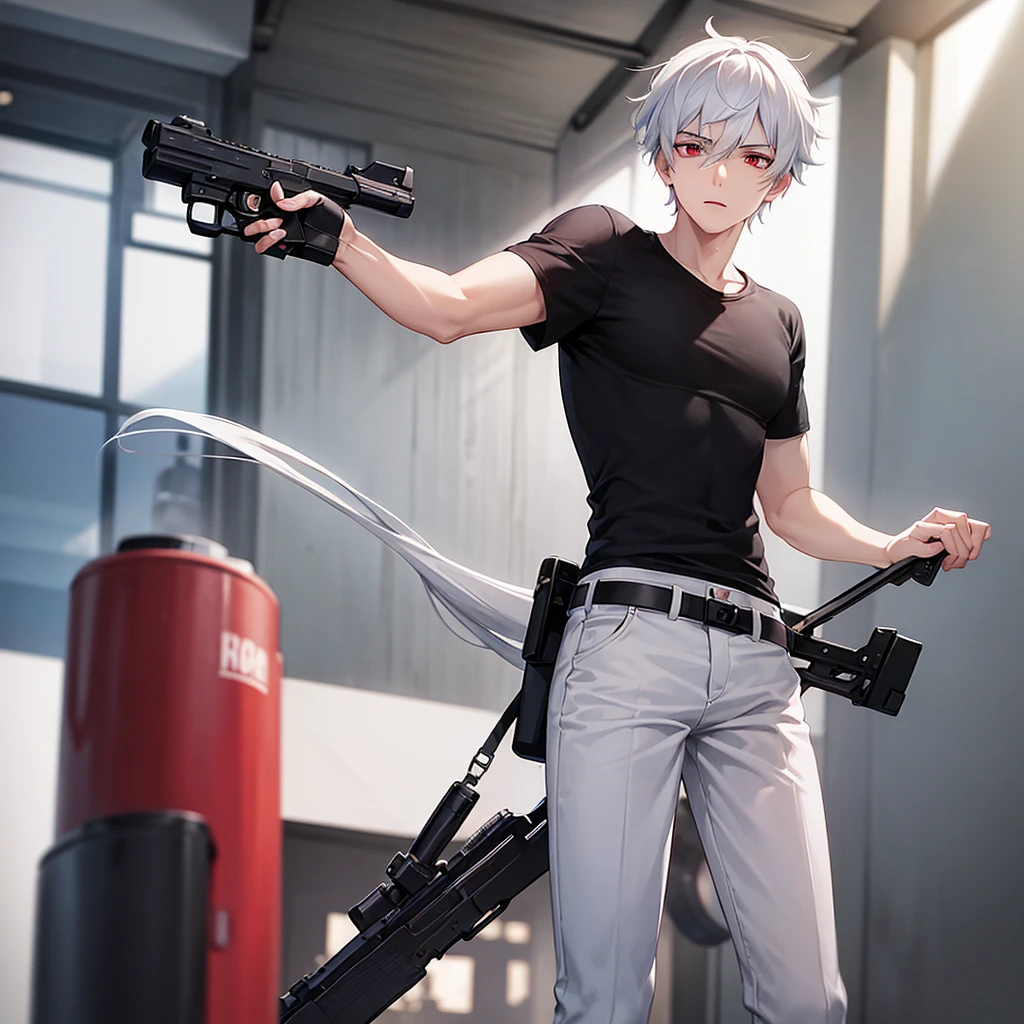 20 year old man with white hair red eyes wearing a black t-shirt and white pants with a gun in his hand