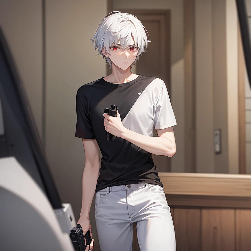 20 year old man with white hair red eyes wearing a black t-shirt and white pants with a gun in his hand