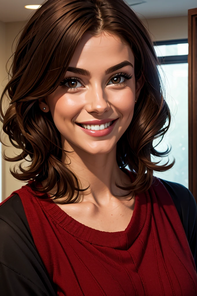 1 woman, indoor, medium hair, smiling, 