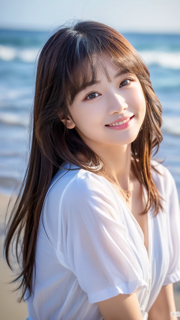Tabletop、(Highest quality、4K、、High resolution、masterpiece: 1.2)、Very detailed、(Genuine、Realistic、Realistic: 1.37)、Full Body Shot、Complex and beautiful eyes、woman、Long Hair、Natural color lip、whiteＴshirt、Bold and sexy pose、smile、Ocean、 Year old girl、A cute and sexy shot of her looking straight into the camera。