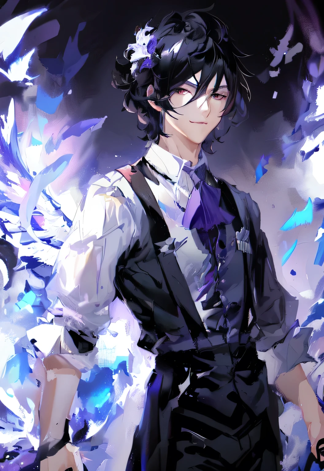 a drawing of a male character with black hair and a black and purple butler outfit, official character art, zhongli from genshin impact, genshin impact character, fighting game character, brawler character, as a character in tekken, human, butler fighter