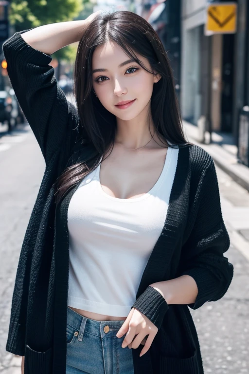 Beautiful girl with realistic black eyes, pale skin, Long black hair, perfect face, perfect eyes, ((Wearing a knit cardigan over a white T-shirt)),very detailed, comprehensive movie, digital painting, 8K, cinematic lighting, highest quality, High resolution, Great job!, Post-processing, perfect result, surreal,(((revealing clothes))),big breasts,The background is a city, selfie, Take a picture of the whole body, kicking one leg up with a smile