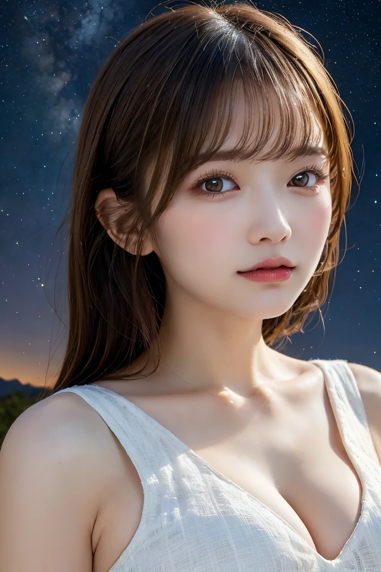 Starry sky, Milky Way, Highest quality, shape, Very detailed, In detail, High resolution, 8k wallpaper, Perfect dynamic composition, Beautiful details,  Natural Lip, Cute one piece dress, Big Breasts, Cleavage, she、Making a wish upon a star Praying with random expressions and random cute poses..., A masterpiece of the whole body, Side Short