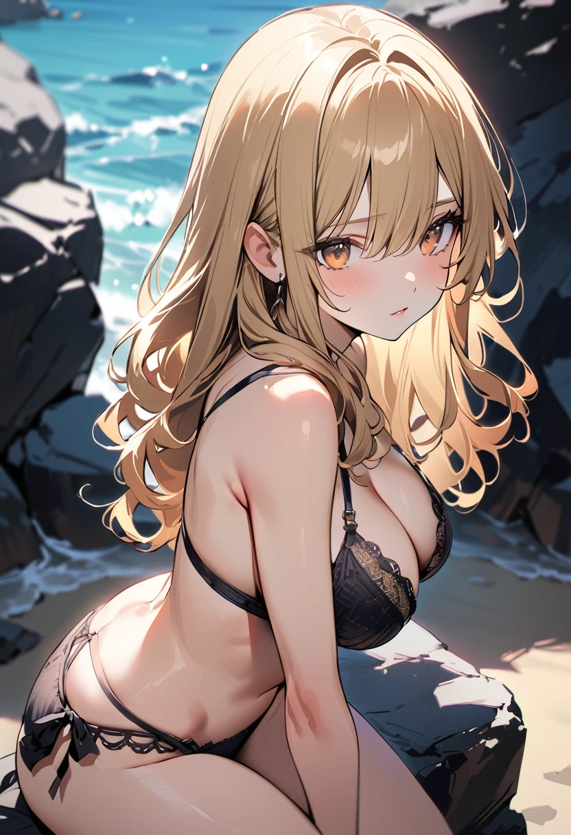 1 lady, 20 years old, blonde hair, long hair, wavy hair, light brown eyes, large breasts, expressionnless, 
BREAK (masterpiece), (high resolution 8K), cinematic lighting, professional lighting, detailed eyes and face, detailed body, 
BREAK crochet bikini, looking away, shot from side, sitting on the stone, 
BREAK tropical atmosphere, on the beach, ocean, blurred background, 