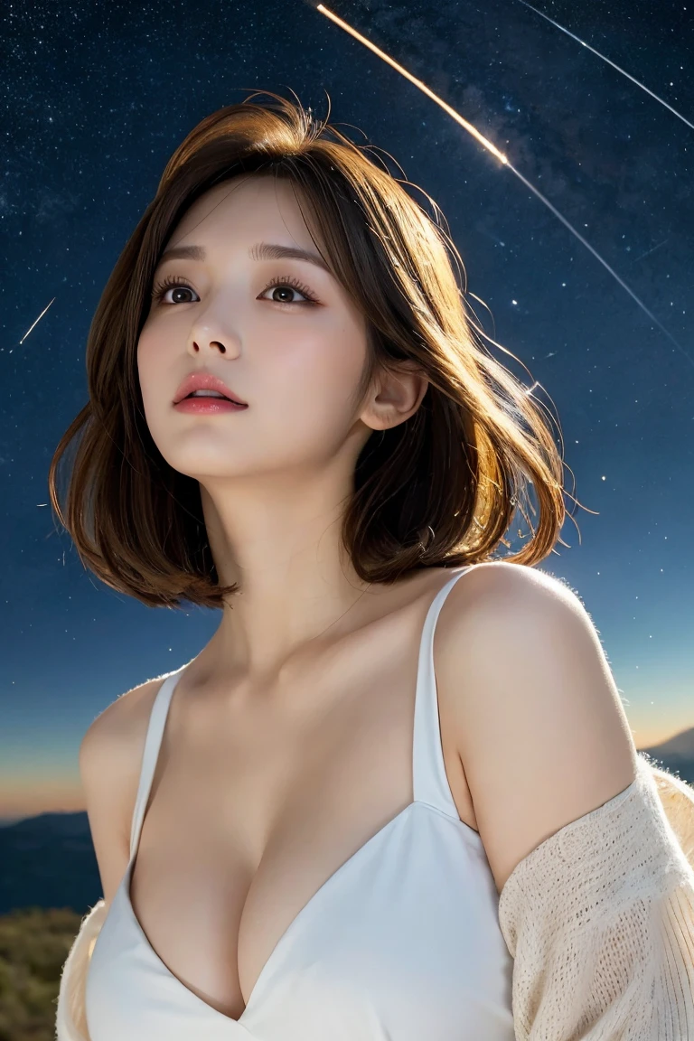 Starry sky, Milky Way, Highest quality, shape, Very detailed, In detail, High resolution, 8k wallpaper, Perfect dynamic composition, Beautiful details, Natural Lip, Cute one piece dress, Big Breasts, Cleavage, she、Looking up at the sky and making a wish on a star Praying with random expressions and random cute poses..., A masterpiece of the whole body, Side Short