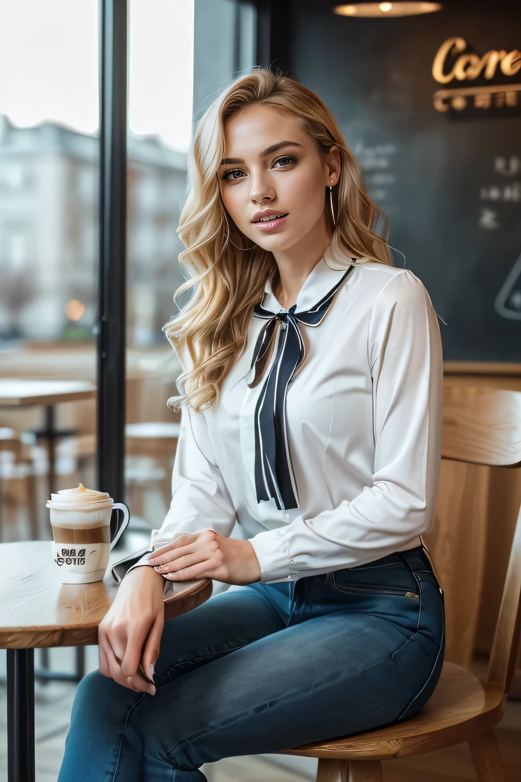 high quality,16K:1.1),((, German woman sitting on a chair in a coffee shop）, 、(Full Body Shot:1.2),(),Blonde wavy hair、、ear piercing、smile、Beautiful teeth alignment、((Long sleeve blouse、Skinny jeanid、 短いブーツ)), ,(View your audience:1.3),The background is a coffee shop
