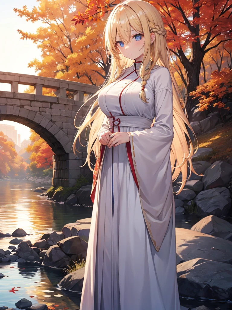 One Woman、Blonde Hair、long hair、Hair between the eyes、Braid、blue eyes、Big Breasts、Standing on a stone bridge、dawn、autumn's、Volumetric Light、cold、Overcoat、 Smiling、