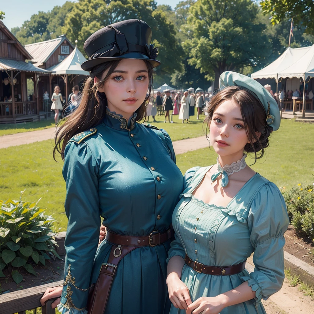 Two young police officer women in 1890s blue officers uniform dress standing in a countryside county fair, polce caps, badges, gun belts, detailed intricate victorian era dress, delicate and elegant hairstyle, beautiful detailed eyes, beautiful detailed lips, extremely detailed and realistic, (best quality,4k,8k,highres,masterpiece:1.2),ultra-detailed,(realistic,photorealistic,photo-realistic:1.37),vibrant colors,warm lighting,soft focus,highly detailed victorian era scene,country fair atmosphere,bustling crowds,ferris wheel,colorful tents,detailed wooden structures,lush green trees