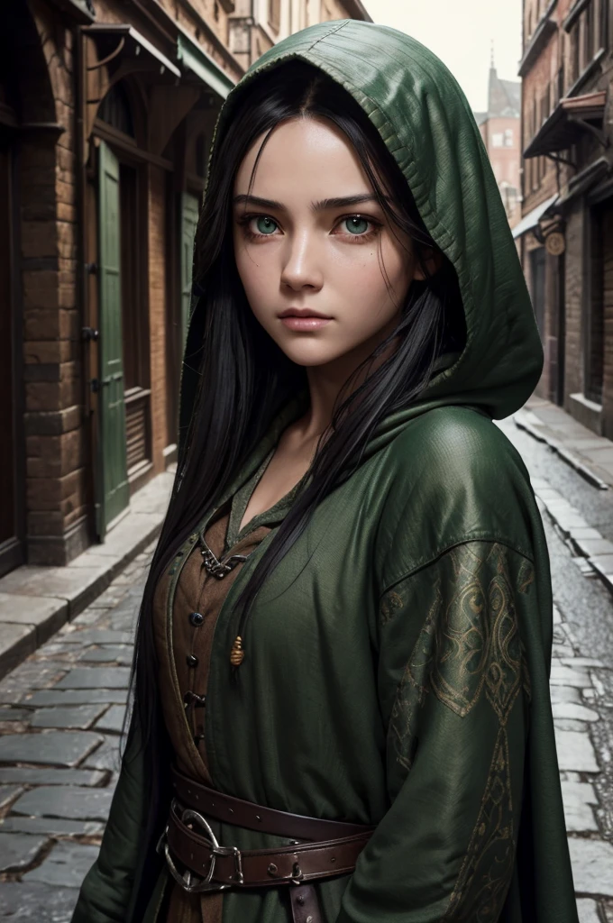 ((best quality)), ((masterpiece)), (detailed), ((normal anatomy)), beautiful eye detail, perfect face, high detail, charismatic, full body, realistic, cinematic lighting, defined body, super detail, high realism, medieval fantasy setting, a pretty young girl in street urchin clothes, dirty soot covered face, large green nictating eyes with vertical pupils, long black hair under a brown hood, standing outdoors in a medieval city, hint of green snake scales at her jawline, frightened expression on her face,