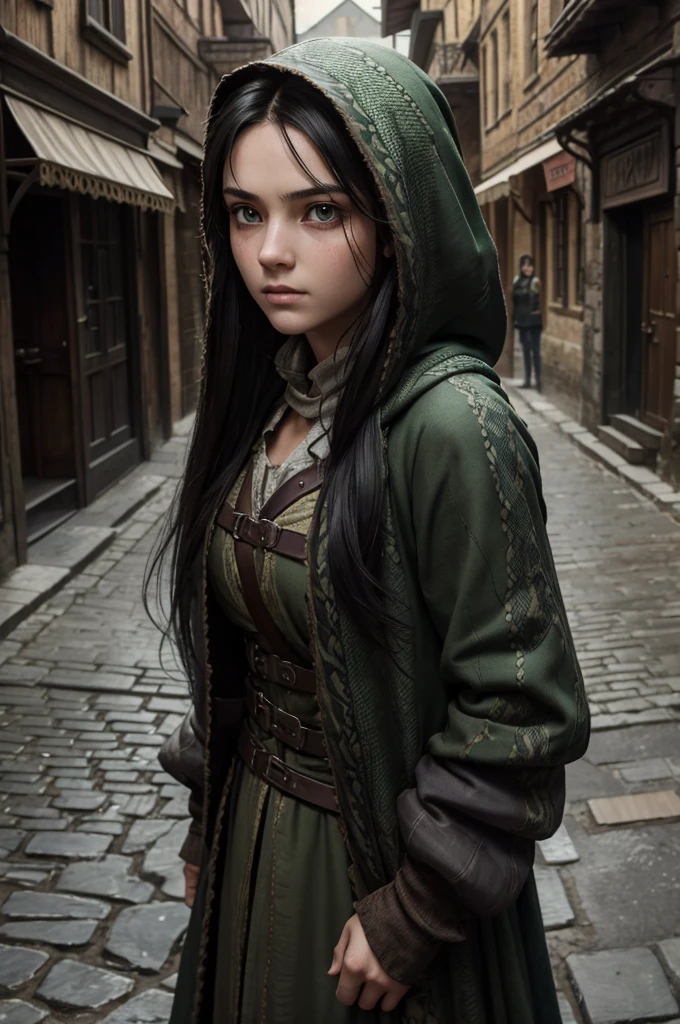 ((best quality)), ((masterpiece)), (detailed), ((normal ???????)), beautiful eye detail, perfect face, high detail, charismatic, full body, realistic, cinematic lighting, defined body, super detail, high realism, medieval fantasy setting, a pretty young girl in street urchin clothes, dirty soot covered face, large green nictating eyes with vertical pupils, long black hair under a brown hood, standing outdoors in a medieval city, hint of green snake scales at her jawline, frightened expression on her face, 14 years old