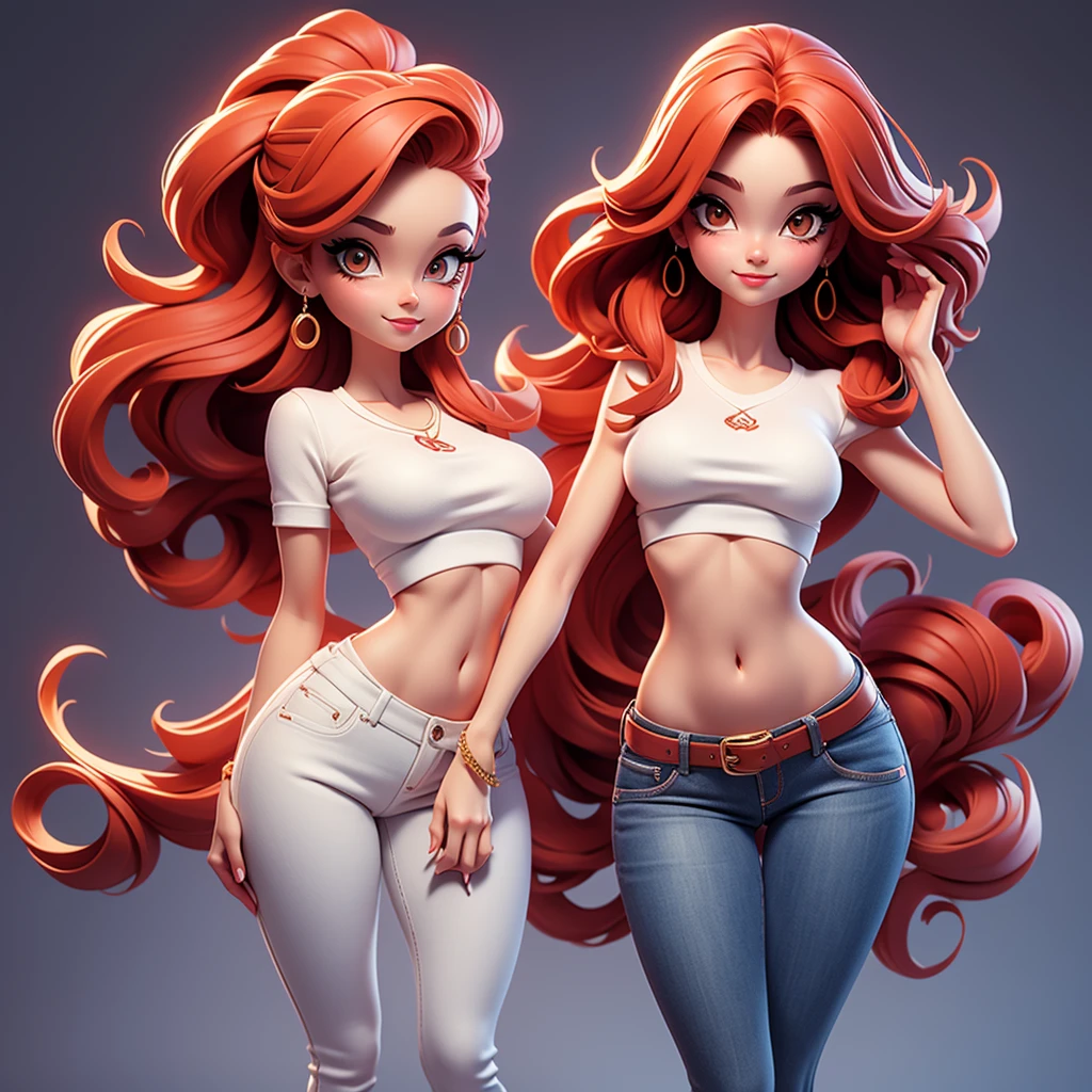  A sexy cartonn woman in jeans and white crop top posing gracefully for a photo, beauty in jeans, long straight red hair, Waist slender, sexy girl, mulher de corpo inteiro, wearing jeans, beautiful seductive woman, slender figure, cartoon vector style, corpo pin-up, Broad Hips