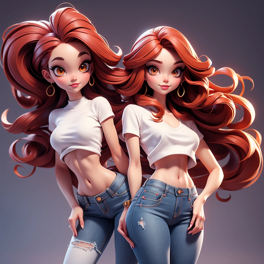  A sexy cartonn woman in jeans and white crop top posing gracefully for a photo, beauty in jeans, long straight red hair, Waist slender, sexy girl, mulher de corpo inteiro, wearing jeans, beautiful seductive woman, slender figure, cartoon vector style, corpo pin-up, Broad Hips