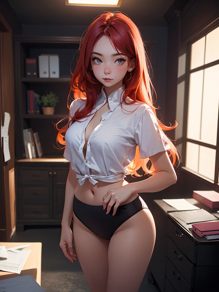 Portrait of a beautiful 18 year old girl, Redhead, Gorgeous Chinese, Cotton panties, At the entrance, (dark private office, Dark and gloomy light: 1.2)