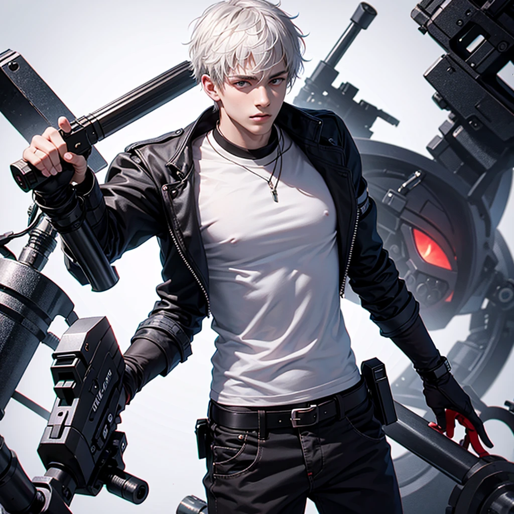 20 year old man with white hair red eyes wearing a black t-shirt and white pants with a gun in his hand