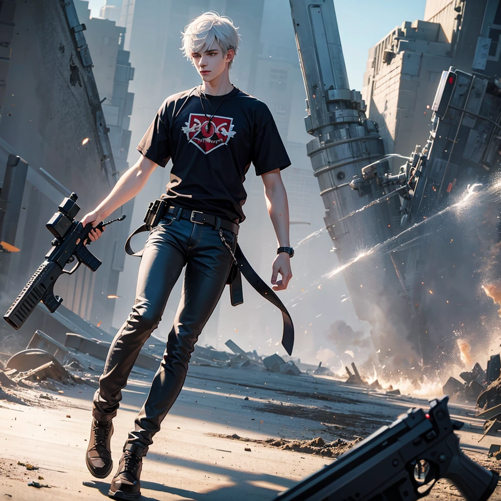 20 year old man with white hair red eyes wearing a black t-shirt and white pants with a gun in his hand