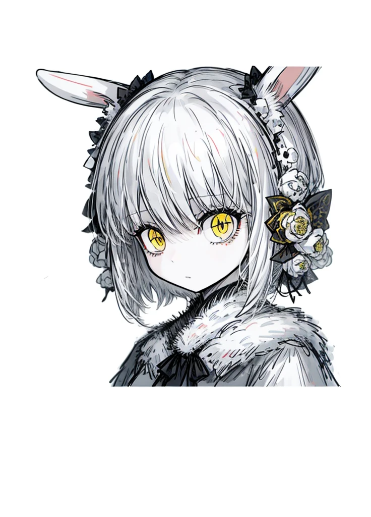 1girl ,white hair, pale fur beast ,black beautiful clothes, (high resolution, high detail, best quality),blank background, alone, rabbit, yellow eyes, 