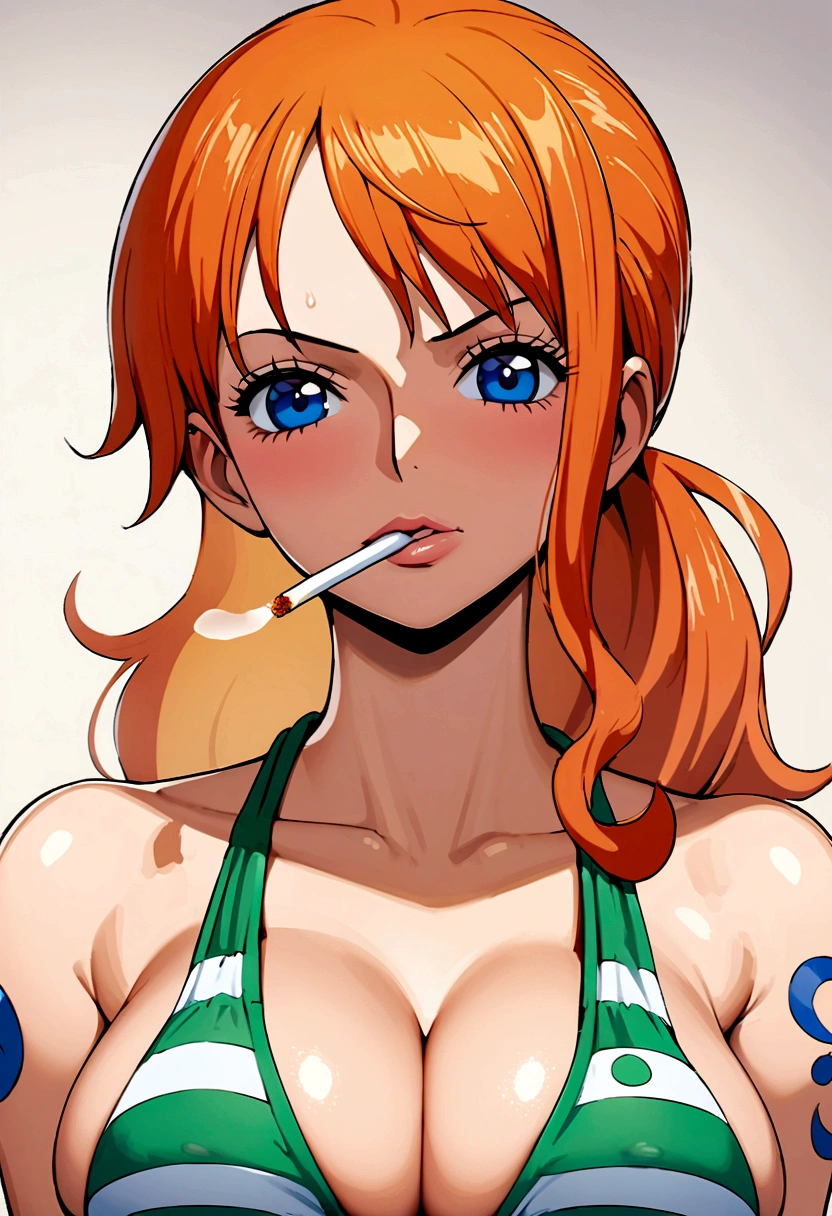 a cartoon picture of a woman in a bikini top and jeans, nami one piece, nami from one piece, nami, beautiful portrait of nami, from one piece, oppai, blue eyes, smoking, ponytail, nsfw