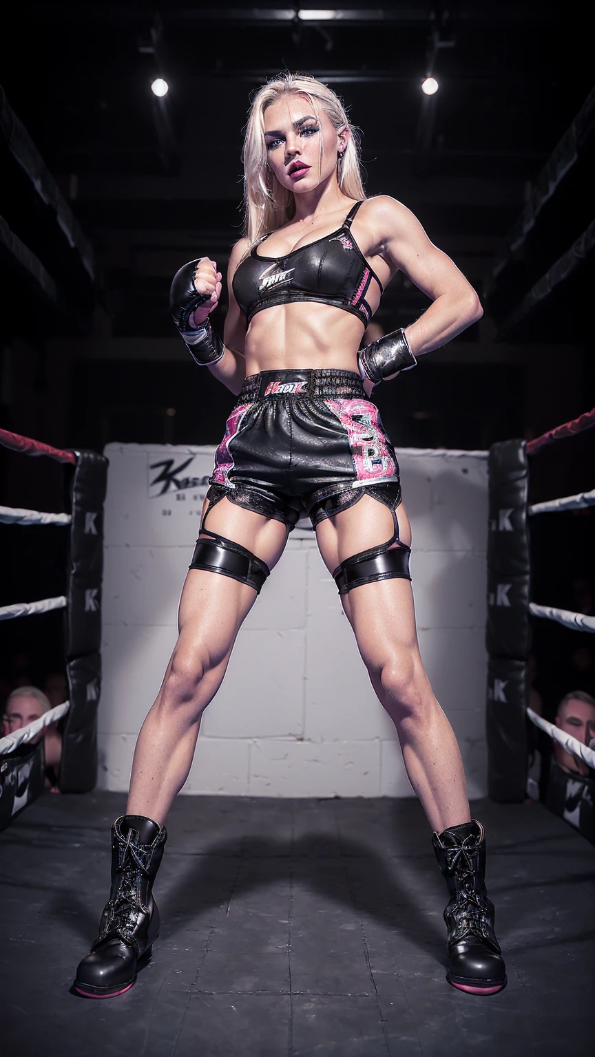 Beautiful cute vicious blonde bimbo, 18 years old, ((black boxing shorts:1.5)), ((sexy black boxing shorts:1.3)), ((tiny bra:1.3)), ((black boxing boots:1.3)), blue eyes, straight blonde hair, muscular arms, toned body, boxing gloves, ((lipstick, heavy makeup:1.3)), ((black boxing shorts:1.3)), perky breasts, small firm breasts, intimidating pose in a boxing ring, ((full body portrait:1.3)),