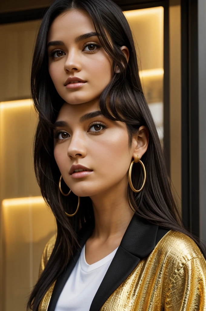 A brunette girl with black hair and eyes. Brown two gold hoops with the uniform of the Tokyo Revengers style 