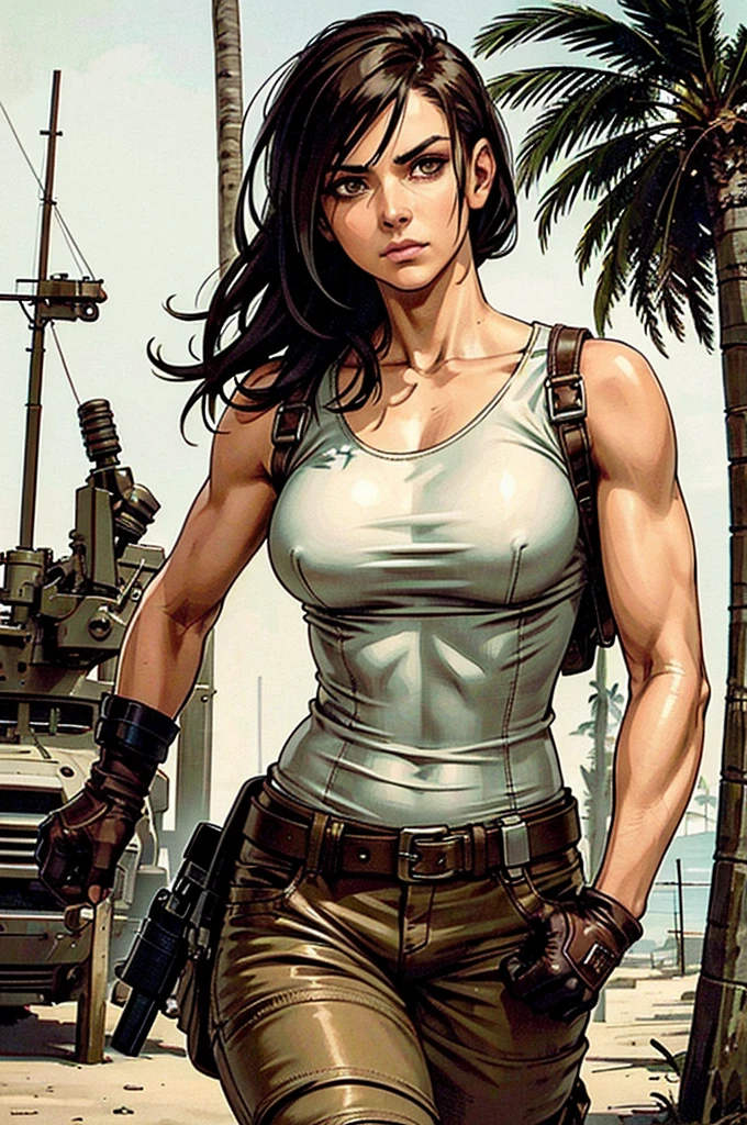 a military woman, well trained body, white sleeveless t-shirt, Exposed collarbone, beige leather shelter, blue pants, two leather belts with gun pockets, dark brown hair, carving, Brown eyes, hazel left eye, left eye with a scar, beach shore, at daytime, walking towards the viewer, serious expression, threatening expression looking at viewer, sparkling beach, palm trees around, leather gloves on his hands, In a post-apocalyptic environment, post - apocalyptic cowgirl, Post - Apocalyptic style, Post apocalyptic clothing, pose, post-apocalyptic, Postapocalyptic style, post apocalyptic grunge, Post - Apocalyptic Scavenger. (Ultra quality) 8k quality, detailed, perfect light, perfect angle, perfect sharpness.