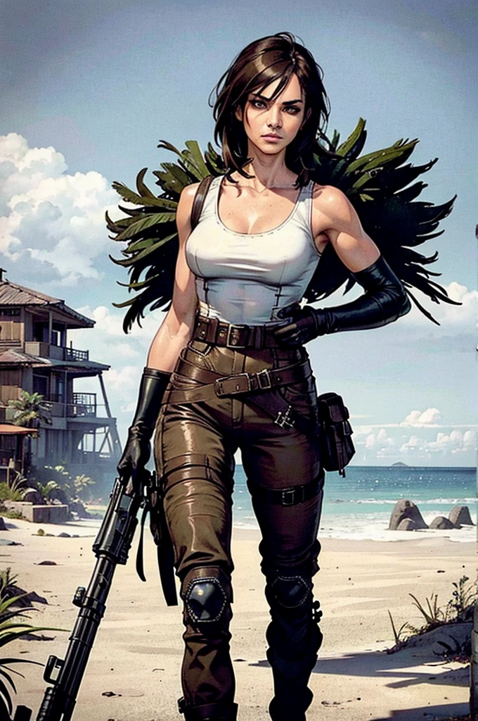 a military woman, well trained body, white sleeveless t-shirt, Exposed collarbone, beige leather shelter, blue pants, two leather belts with gun pockets, dark brown hair, carving, Brown eyes, hazel left eye, left eye with a scar, beach shore, at daytime, walking towards the viewer, serious expression, threatening expression looking at viewer, sparkling beach, palm trees around, leather gloves on his hands, In a post-apocalyptic environment, post - apocalyptic cowgirl, Post - Apocalyptic style, Post apocalyptic clothing, pose, post-apocalyptic, Postapocalyptic style, post apocalyptic grunge, Post - Apocalyptic Scavenger. (Ultra quality) 8k quality, detailed, perfect light, perfect angle, perfect sharpness.