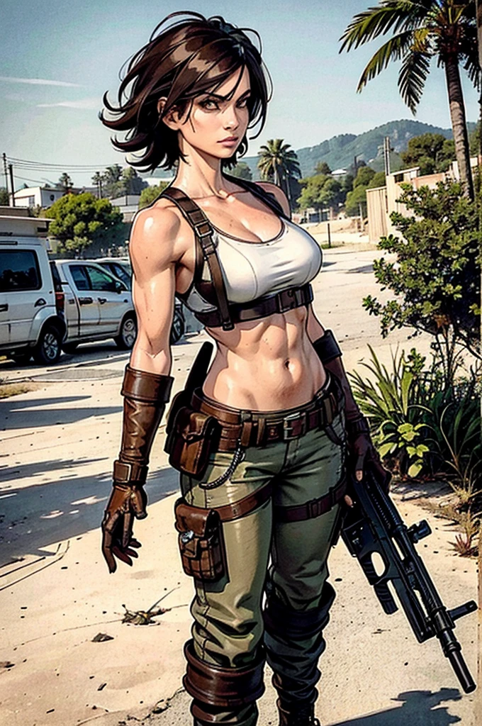 a military woman, well trained body, white sleeveless t-shirt, Exposed collarbone, beige leather shelter, blue pants, two leather belts with gun pockets, dark brown hair, carving, Brown eyes, hazel left eye, left eye with a scar, beach shore, at daytime, walking towards the viewer, serious expression, threatening expression looking at viewer, sparkling beach, palm trees around, leather gloves on his hands, In a post-apocalyptic environment, post - apocalyptic cowgirl, Post - Apocalyptic style, Post apocalyptic clothing, pose, post-apocalyptic, Postapocalyptic style, post apocalyptic grunge, Post - Apocalyptic Scavenger. (Ultra quality) 8k quality, detailed, perfect light, perfect angle, perfect sharpness.