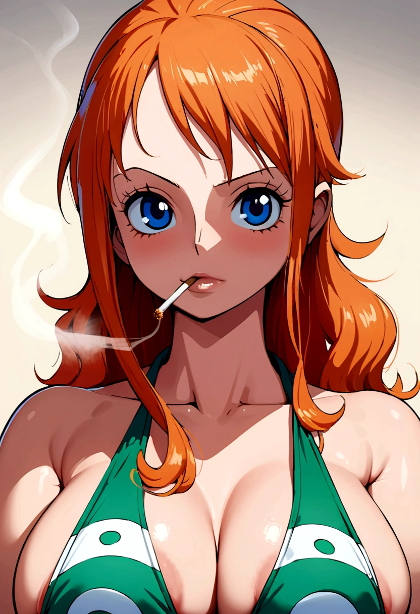 a cartoon picture of a woman in a bikini top and jeans, nami one piece, nami from one piece, nami, beautiful portrait of nami, from one piece, oppai, blue eyes, smoking, ponytail, nsfw