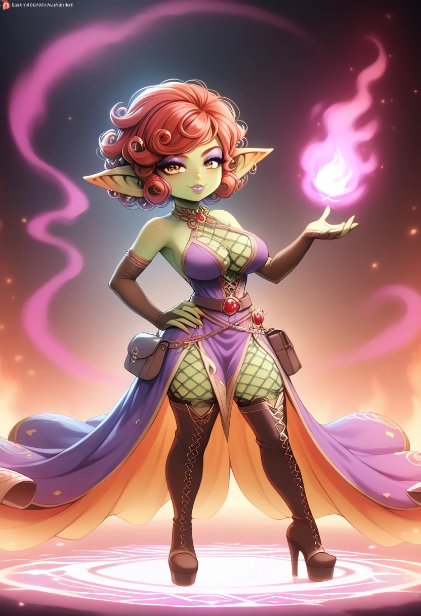 Girl, goblin girl, goblin, green skin, short, short stature, short hair, red hair, curly hair, large breasts, long gloves, thigh boots, pouty lips, masterpiece, best quality, sexy, dynamic pose, 8k, shortstack, sfw, shiny, fantasy, dungeons and dragons, high heels,  fishnets, holding, dark green skin, adventurer, slutty pose, sorcerer, sorceress, pyromancer, fire and ice, magic, fire and ice magic, long detailed slutty colorful dress, thigh pouch, very curly hair, lots of belts, curly hairstyle, lipstick, rosy cheeks, smile, eyeshadow, eye liner, belt on hip, magic, magic dress, very detailed, magic user, puffy lips, bright colors, fiery personality, passionate 