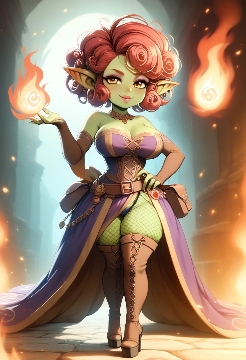 Girl, goblin girl, goblin, green skin, short, short stature, short hair, red hair, curly hair, large breasts, long gloves, thigh boots, pouty lips, masterpiece, best quality, sexy, dynamic pose, 8k, shortstack, sfw, shiny, fantasy, dungeons and dragons, high heels, fishnets, holding, dark green skin, adventurer, slutty pose, sorcerer, sorceress, pyromancer, fire and ice, magic, fire and ice magic, long detailed slutty colorful dress, thigh pouch, very curly hair, lots of belts, curly hairstyle, lipstick, rosy cheeks, smile, eyeshadow, eye liner, belt on hip, magic, magic dress, very detailed, magic user, puffy lips, bright colors, fiery personality, passionate