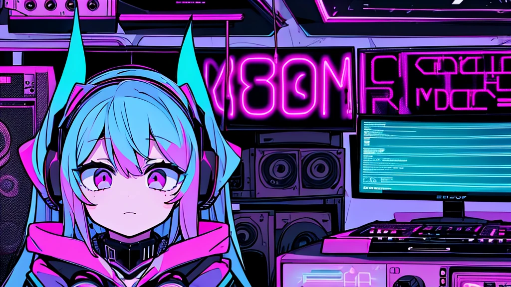 Best quality, (masterpiece:1.2), best detail face,1 girl, big breasts, 18 yo, 8k,absurdres,unity 8k wall paper,(extremely detailed:1.3), highest realistic, (retro headphones:1.1), (soft neon light:1.1), (floating hair:1.2), (psychedelic:1.2), Her room full of music equipment and records, See the whole room, dark grey color palette, blonde hair