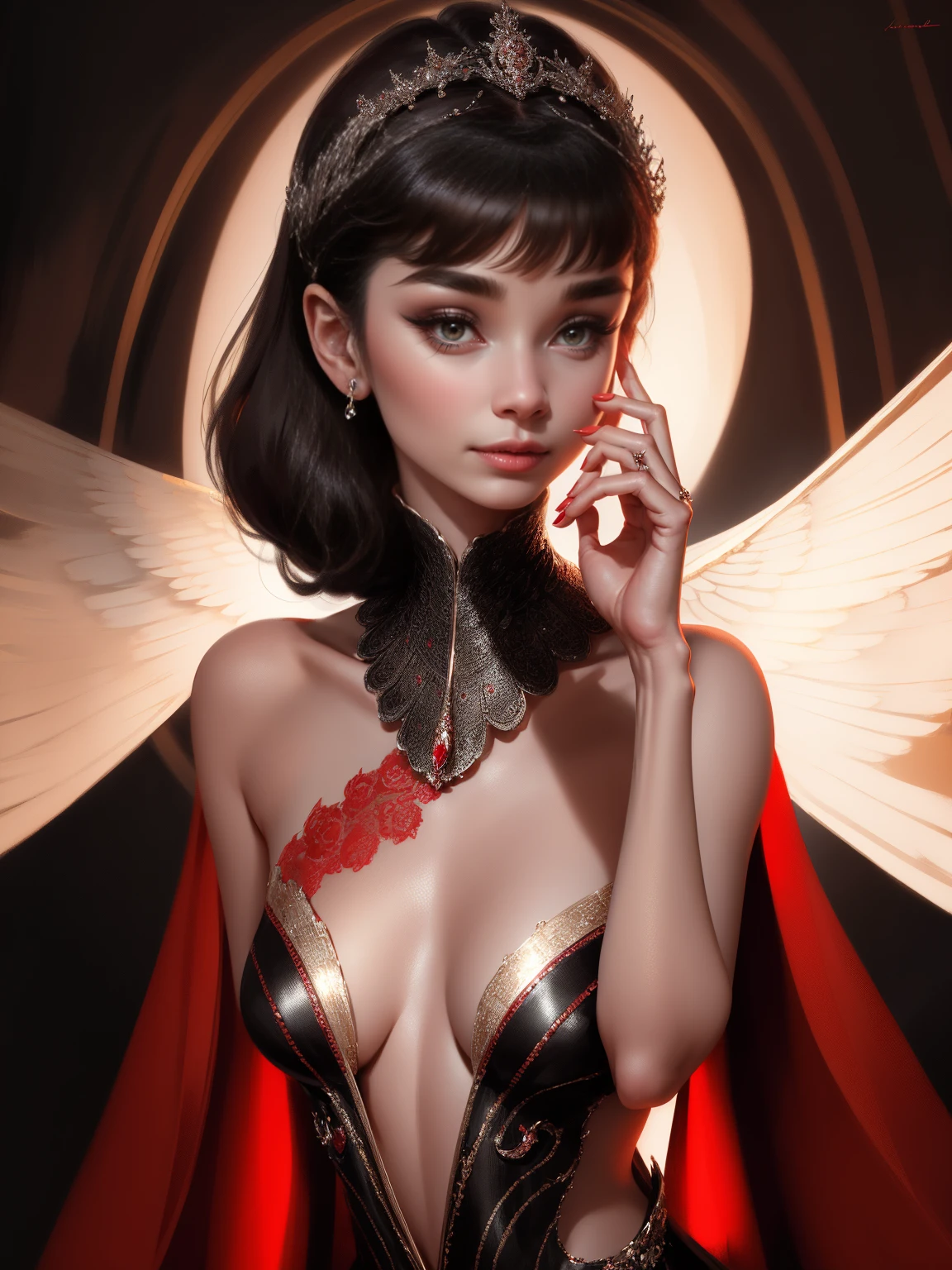 {-erro_de_anatomia:1.0} (Masterpiece - Ultra-Detailed, High Resolution) 30 years old woman, Prepare to be enchanted by a true masterpiece that combines ultra-detailed art with high-resolution rendering. This work shows a mesmerizing woman, with long white hair, 1968s style, Audrey Hepburn (1.3) and captivating dark brown eyes (1.2), (brown eyes). New York illustration style, wearing red lipstick, emanating an aura of elegance and mystery. Wearing classic victorian dress (black dress), 1968s clothing. Intricate details and realistic textures invite you to explore every aspect of this enchanting composition.backwards, looking back, dynamic poses, mouth closed. Different posture , dynamic poses, mouth closed. Different posture. Perfect fingers. Get ready to dive into a world where beauty and craftsmanship merge perfectly. Upper body. Looking at viwer.