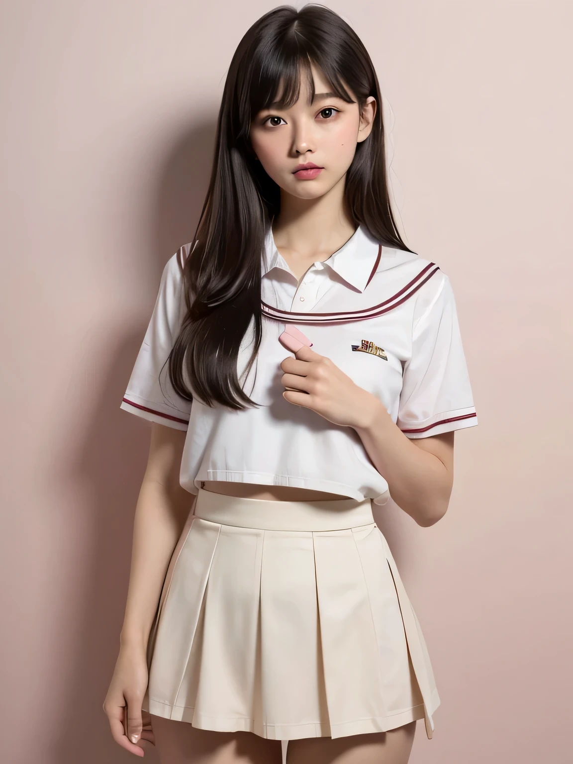 (masterpiece:1.3)、8k,Very fine finish、(High resolution、8k:1.3)、highest quality、Beautiful Hands、Beautiful Hands指、(Ultra-realistic as a photo:1.3), 超High resolutionの顔、The face is in focus、Ultra high definition and beautiful eyes、(Concentrated eyes:1.3)、(Eyes are symmetrical:1.3)、High quality and beautiful skin、Firm Skin、Natural Makeup、Gloss lips, Ultra HD Hair Texture、Japanese women、high school girl、17 years old、(High School Uniform:1.3), very cute, Very short hair:1.2, Mid-chest, (Flip up the skirt、Small panties are visible from the skirt:1.1), Pink wall、 (Very embarrassed:1.3), (blush:1.3), (View Viewer:1.2)