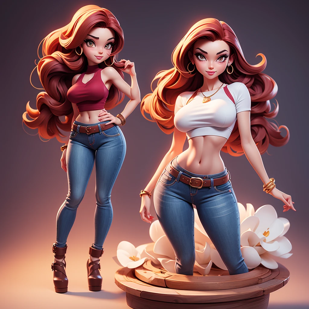 A sexy cartonn woman in jeans and white crop top posing gracefully for a photo, beauty in jeans, long straight red hair, Waist slender, sexy girl, mulher de corpo inteiro, wearing jeans, beautiful seductive woman, slender figure, cartoon vector style, corpo pin-up, Broad Hips