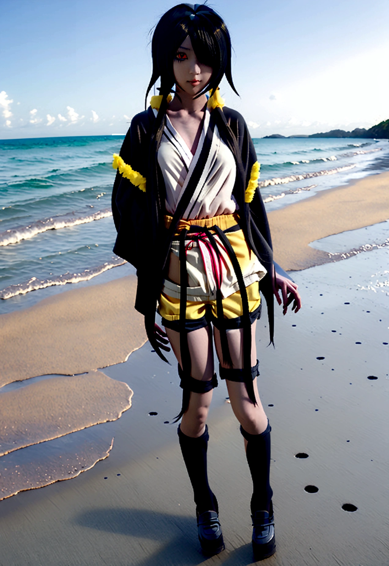 1girl, ((tokisaki kurumi)), ((cosplay)), hair over one eye, (right red eye, left yellow eye), looking at viewer, happy girl, (low twintail) , ((kimono)), (((Black hotpants))), hair rings, loafers,
(Outdoors), walking, ((beach))