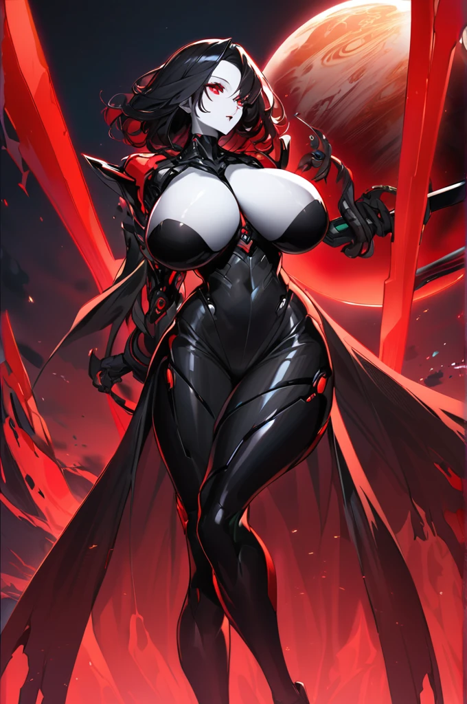 Android woman, short black hair, red eyes dripping with blood,Pale skin, huge breasts, defined, dressed in black symbiotic attire with red details, holding a baby in one hand and the other holding a scythe, base background on an oceanic planet,Red light