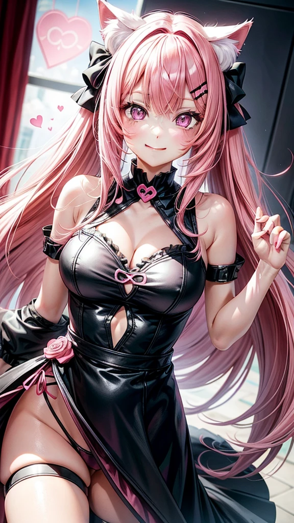 Black and pink hair color, pink eyes,sexy woman, cat ears, hearts, floating hearts, face only,  long hair, smiling, hair ornament, up close face, closed mouth smile, up closeface, hair bows, sexy body, pink outfits 