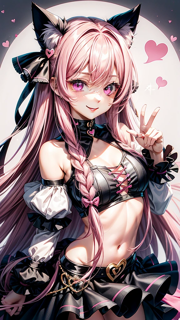 Black and pink hair color, pink eyes,sexy woman, cat ears, hearts, floating hearts, face only,  long hair, smiling, hair ornament, up close face, closed mouth smile, up closeface, hair bows, sexy body, pink outfits 