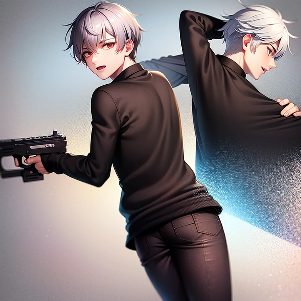 20 year old man with white hair red eyes wearing a black t-shirt and white pants with a gun in his hand