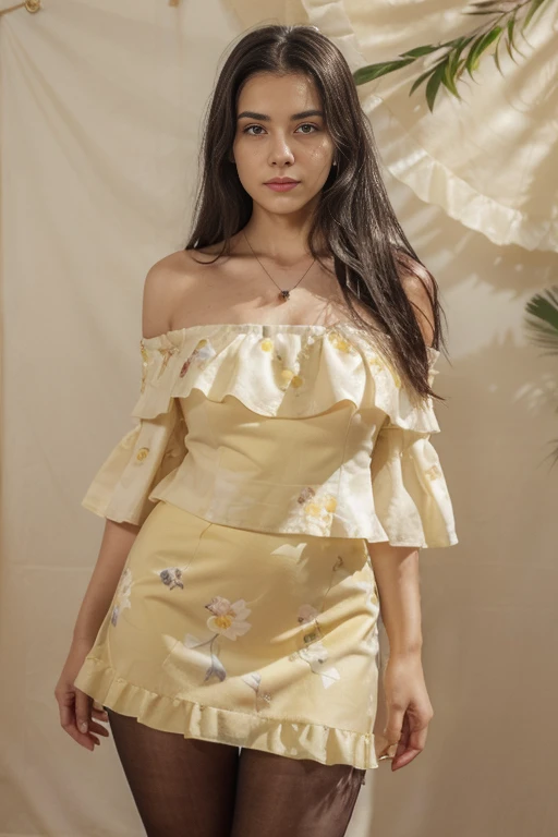 16 year old woman White Skin, (rebonded long black hair).
Pantyhose. (Floral dress on off-shoulder yellow background, Different color underskirt outfit, on off-shoulder), breast cleavage, 16 year old breasts. Pantyhose black.
necklace, jewelry.
face looking at the audience.
(entire body up to the thighs and legs perpendicularly facing the camera. face looking at camera. eyes looking at the camera.).
taking a photo of the front of the body, face looking at the camera, standing straight, thighs look sexy.
no background, plain wallpaper.