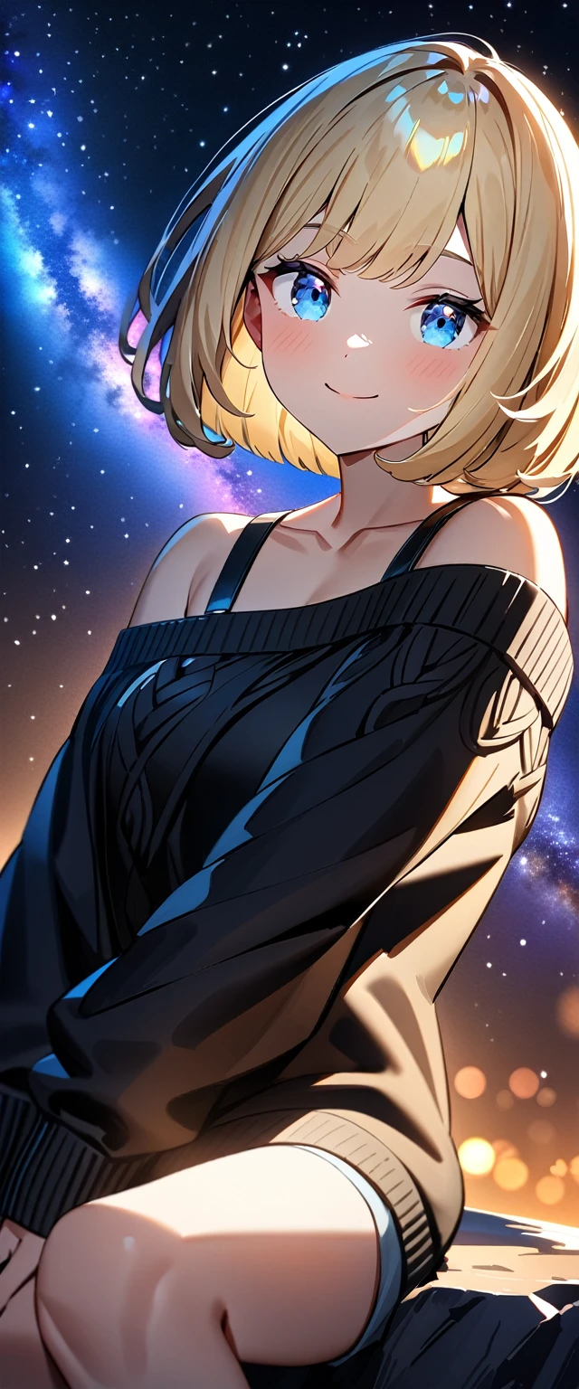 (((a beautiful starry sky, the Milky Way shining beautifully in the night))), ((Aran sweater)), ((((from side)))), focus on face, closeup shot, leaning forward, ((sitting on the very high cliff)), wavy hair, inward curled hair, sea, ((blond hair, bob cut:1.3)), breasts, ager, (looking at viewer), oversized clothes, puffy long sleeves, ((off-shoulder sweater:1.3, Quite thick shoulder straps)), ((black sweater)), collarbone, head tilt:1.3, (((blue eyes))), happy smile, (((anime style))), (best quality, 4K, 8K, highres, masterpiece:1.2, ultra-detailed, ultra-detailed eyes, HDR, uhd, studio lighting, ultra-fine painting, sharp focus, physically-based rendering, extreme detail description, professional, vivid colors, bokeh)