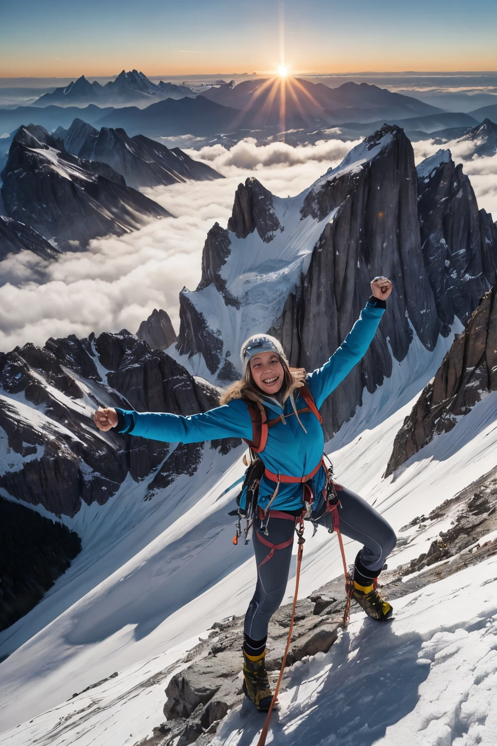 1girl, (solo), portrait An awe-inspiring depiction of a mountain climber reaching the summit of a towering peak. The athlete is shown in a powerful stance, arms raised triumphantly against the backdrop of a breathtaking sunrise. Their climbing gear is detailed and rugged, with ice axes, ropes, and protective clothing. The mountain range stretches out below, with snow-capped peaks and swirling clouds. The climber's expression is one of exhilaration and achievement, capturing the epic moment of conquering nature's challenges. Highly detailed, vibrant colors, majestic scenery, triumphant atmosphere.
