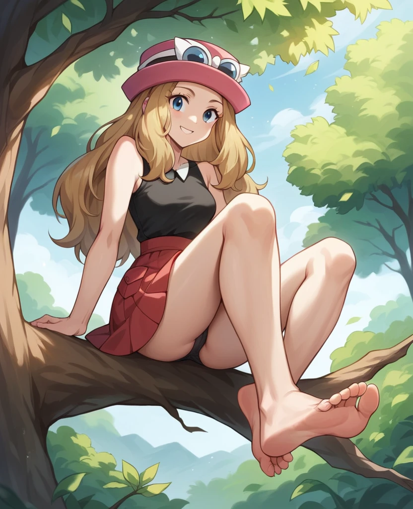 Masterpiece, Best Quality, high resolution, vegetation and trees in the background, A girl, alone, blue eyes, long hair, blonde color, funny look, sitting at the top of a tree on a branch, smiling, serena (pokemon), pink hat, black shirt,  shoulders, Red skirt,  legs stretched and apart, barefoot, soles of feet hanging , head on, black panties