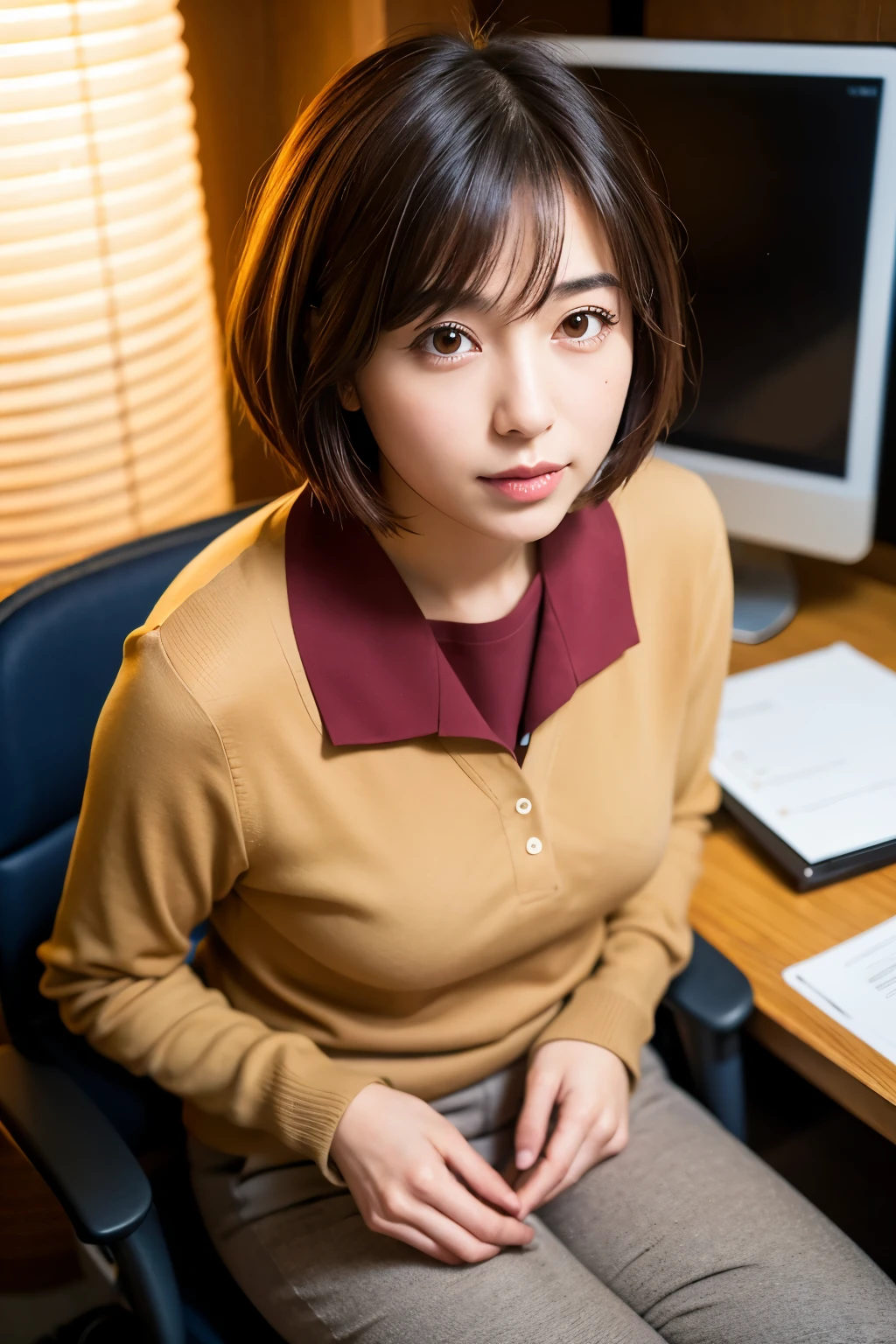 Highest quality, Face Focus, Soft Light, Ultra-high resolution, (Realistic:1.4), RAW Photos, 1 Japanese girl, alone, Beauty, (A shy smile:0.5), (Brown eyes, Light in your eyes), Beautiful face in every detail, (Small box),(High resolution detail of human skin texture), (Short Bob Hair), break, OL，Sitting in a chair in the office，I can see your pants，Japanese bank clerk uniform



