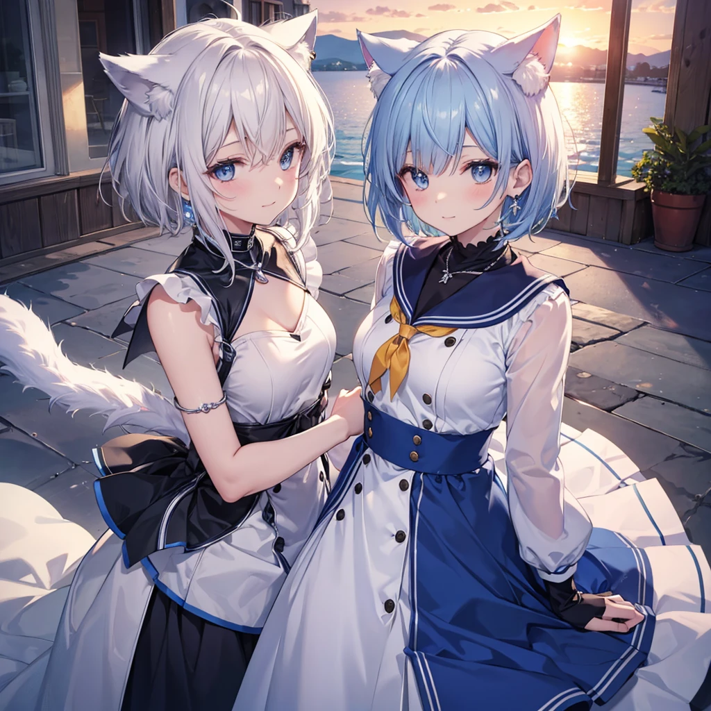 Gray Hair blue eyes short hair have student Cat ear Nice Blue Earrings necklace gloves beauty thin Sailor suit Fantasy smile sunset Fluffy hair