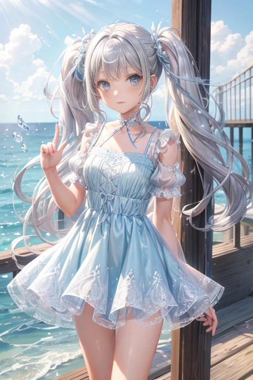 girl　long silver twintails　Cute detailed face　light blue detailed lace Short dress　Seaside in summer  Skirts that flip in the wind　