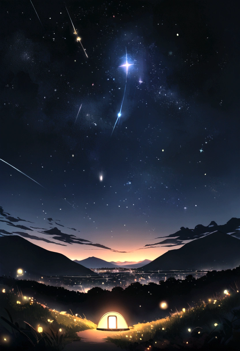Inland Sea、In the infinite universe, Starry sky shrouded in pitch black darkness, A special story spun by a sparkling meteor. Hilltop view、Fireflies appear，Hyper HD　Tram