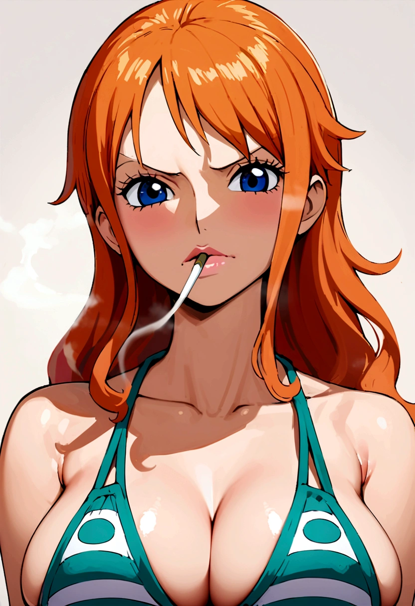 a cartoon picture of a woman in a bikini top and jeans, nami one piece, nami from one piece, nami, beautiful portrait of nami, from one piece, oppai, blue eyes, smoking, ponytail, nsfw