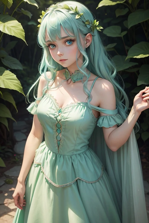 Fairy with light blue eyes and hair in a green dress with a docile look