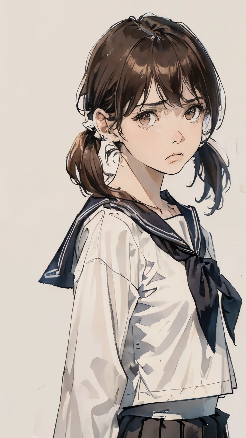 (Highest quality、8K、32k、masterpiece)、(Realistic)、(Realistic:1.2)、(High resolution)、Very detailed、Very beautiful face and eyes、1 Girl、Round and small face、Tight waist、Delicate body、(Highest quality、Attention to detail、Rich skin detail)、(Realistic、Realistic:1.37)、Bright colors、(((Brown Hair)))、(((Upper Body Shot)))、(((Medium Hair)))、(((Twin tails)))、(((Fair skin)))、(((White wall background)))、(((White wall background)))、(((I'm disappointed)))、(((Sad face)))、(((Wear a sailor uniform)))、(((Black pleated skirt)))